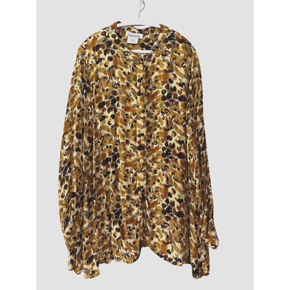 Silhouettes Womens 3X Blouse Button Down Leopard Print Top Boho Flowy Earthy